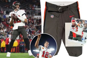 Tom Brady's uniform pants that he wore in his final NFL game with the Buccaneers were auctioned off for $89,100, according to Grey Flannel Auctions. 