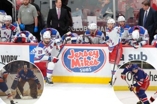 Chris Kreider and Artemi Panarin look on after the Rangers were eliminated from the 2024 playoffs; John Davidson circa 1979; Jaromir Jagr in 2006