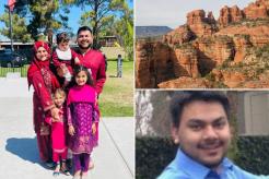 family poses on the left with an inset of the hike right, and the husband, bottom right