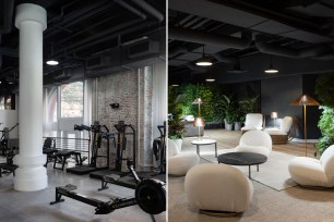 A room filled with gym equipment, adjacent to another room featuring a brick wall and floor