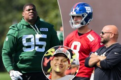 The Jets' Quinnen Williams at practice; Giants QB Daniel Jones and head coach Brian Daboll; Patrick Mahomes after winning the Super Bowl