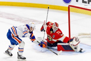 Sergei Bobrovsky (72) blocks a shot from Edmonton Oilers center Ryan Nugent-Hopkins.