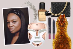 Pat McGrath surrounded by a collection of her favorite things, including makeup products, a Louis Vuitton bag and a Jennifer Behr silver sparkly headband