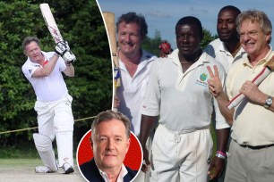 Piers Morgan and Jerry Springer posing with former West Indian cricketers Richie Richardson and Curtly Ambrose at a Twenty20 World Cup cricket match.
