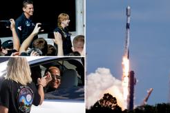 Jared Issacman and Haley Arceneaux prepare to head to launchpad 39A for a launch on a SpaceX Falcon 9