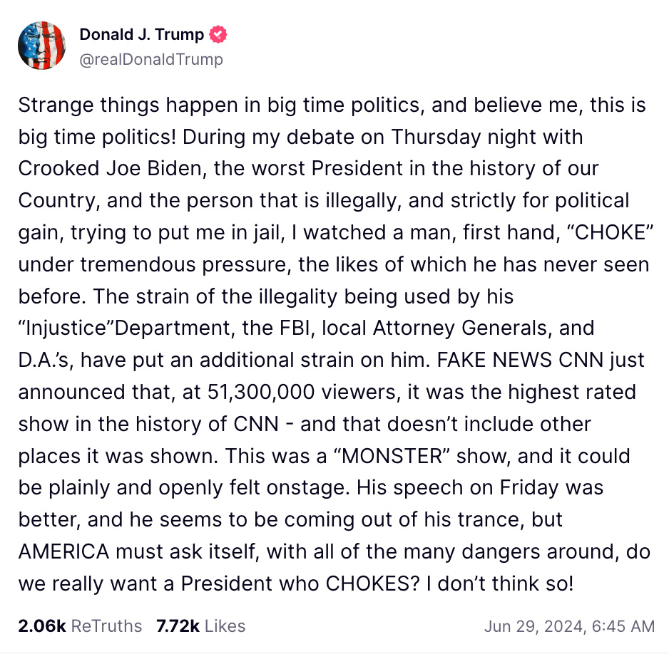 Screenshoted social media post from Donald Trump stating 'Biden Choked' debate on TruthSocial platform