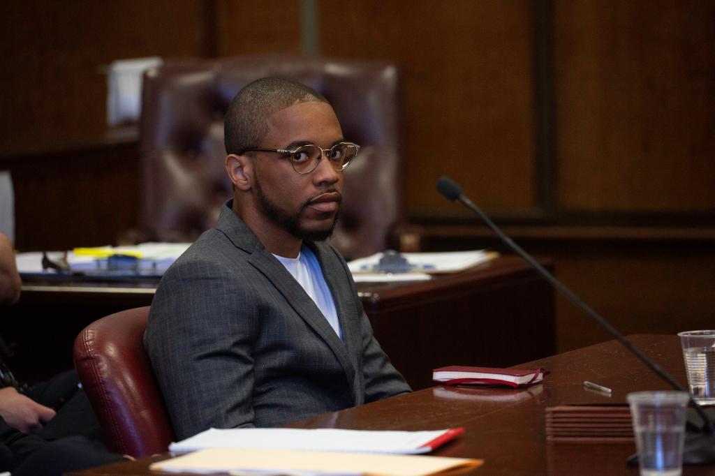 Tyrese Haspil sitting at a desk with a microphone during his murder trial in Manhattan Criminal Court, May 24, 2024.