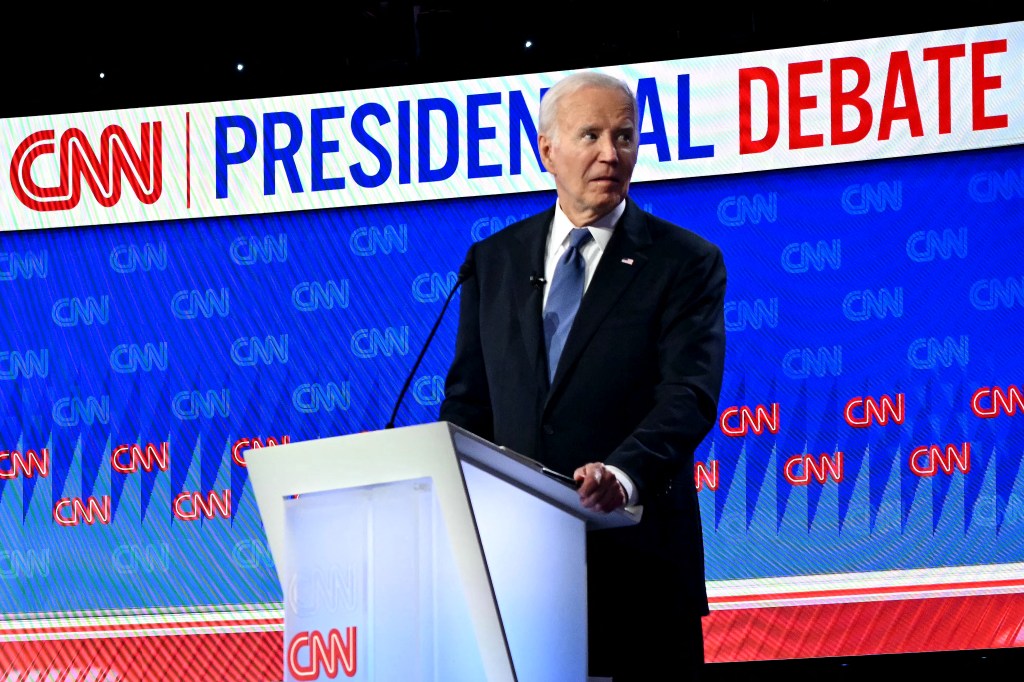 US President Joe Biden looks on as he participates in the first presidential debate of the 2024 elections with former US President and Republican presidential candidate Donald Trump