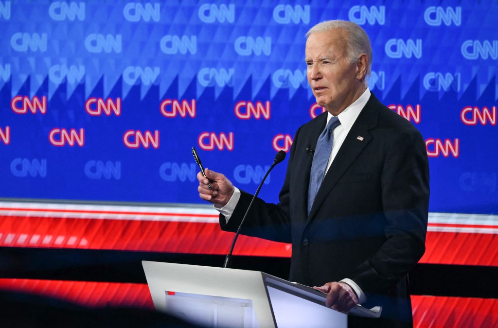 President Biden speaks as he participates in the first presidential debate of the 2024 elections with Donald Trump.