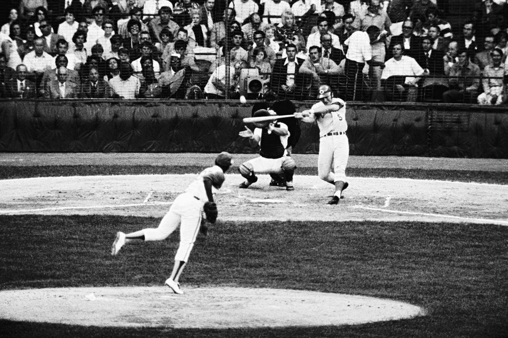 Johnny Bench of the Cincinnati Reds hitting a home run at the 1971 All-Star game, putting the National league ahead 2-0