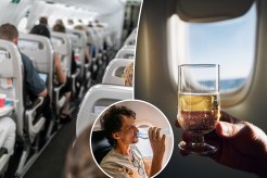 man drinking on airplane and airplane seats