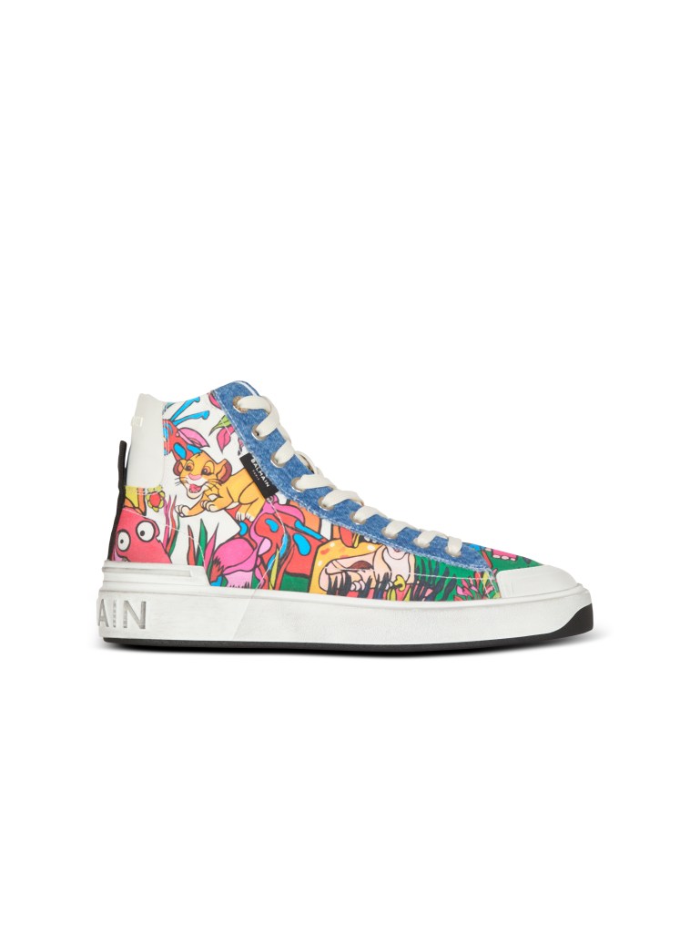 Colorful flat shoe featuring cartoon characters from Disney's The Lion King, part of the Disney X Balmain Collection