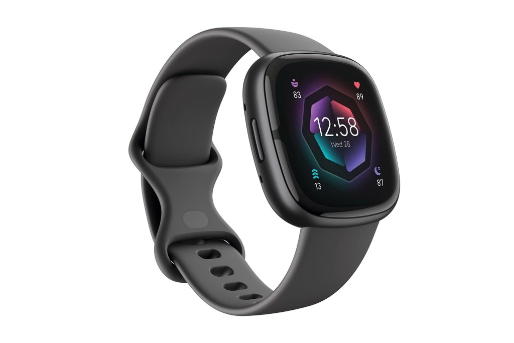 A smart watch with a black band