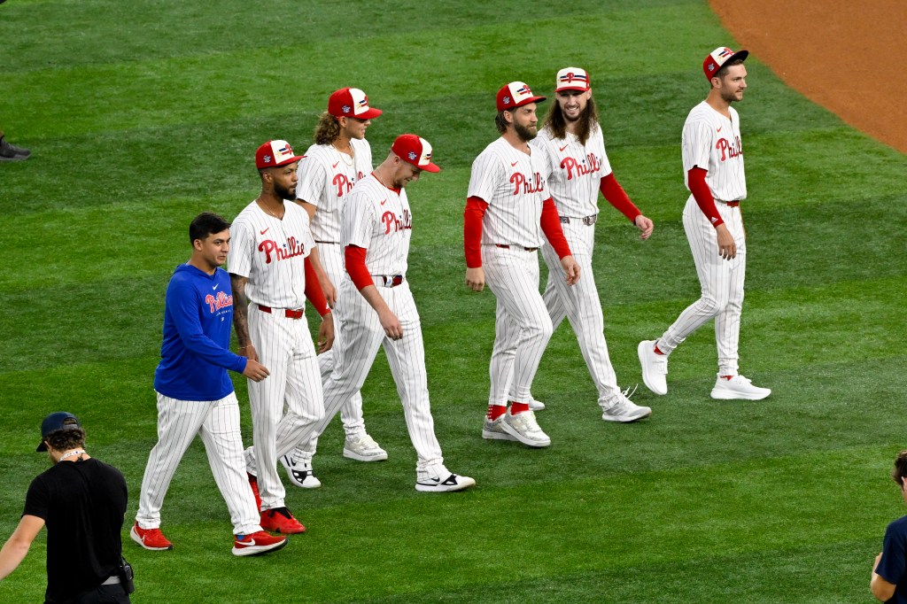 Philadelphia Phillies players of the National League walking on the field before the 2024 All Star Game Home Run Derby at Globe Life Field