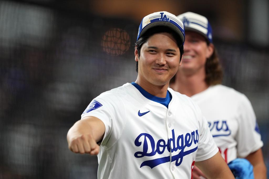 Shohei Ohtani of the Los Angeles Dodgers in baseball uniform, reacting during the T-Mobile Home Run Derby at Globe Life Field, Arlington, Texas.