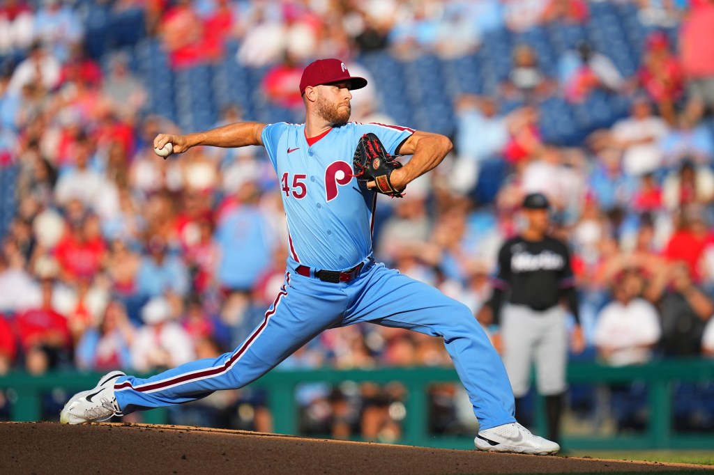 Zack Wheeler, number 45 of the Philadelphia Phillies, pitching against the Miami Marlins at Citizens Bank Park