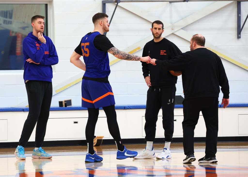 New York Knicks center Isaiah Hartenstein (55) gets a fist-bump form New York Knicks head coach Tom Thibodeau when the New York Knicks practiced Sunday, April 21, 2024 at Madison Square Garden Training Center in Greenburgh, NY. (For the NY POST Photo/Robert Sabo)
