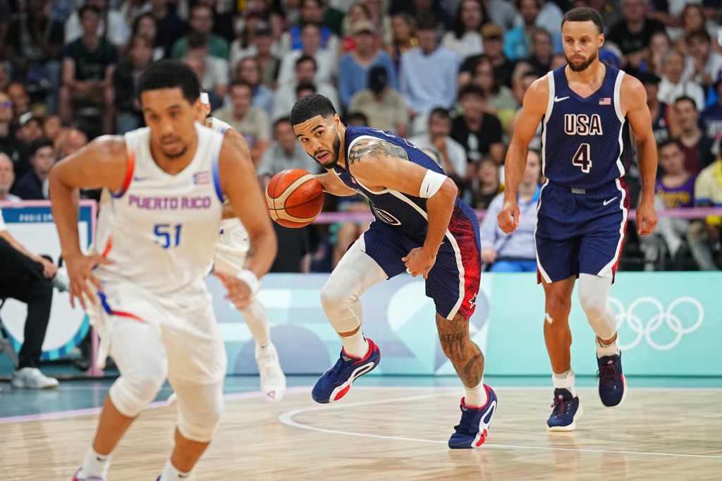 Jayson Tatum #10 of the USAB Men's team handles the ball during the game against the Puerto Rico Men's National Team on August 3, 2024