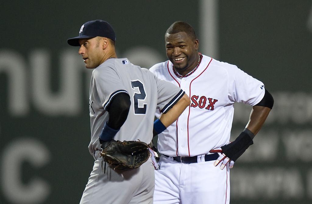 Derek Jeter and David Ortiz during a Red Sox-Yankees matchup.