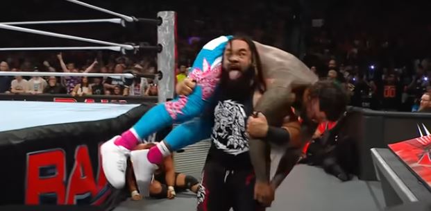 Jacob Fatu lifts up Jey Uso during his match on Monday night Raw.