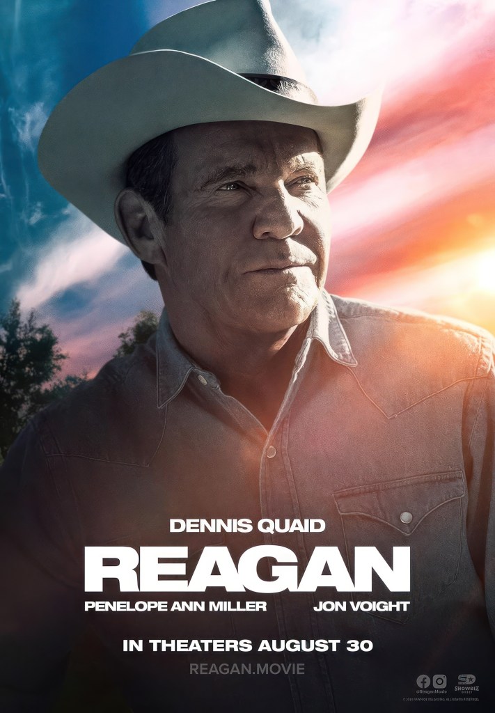 Dennis Quaid portraying Ronald Reagan in a 2024 US movie poster, wearing a cowboy hat