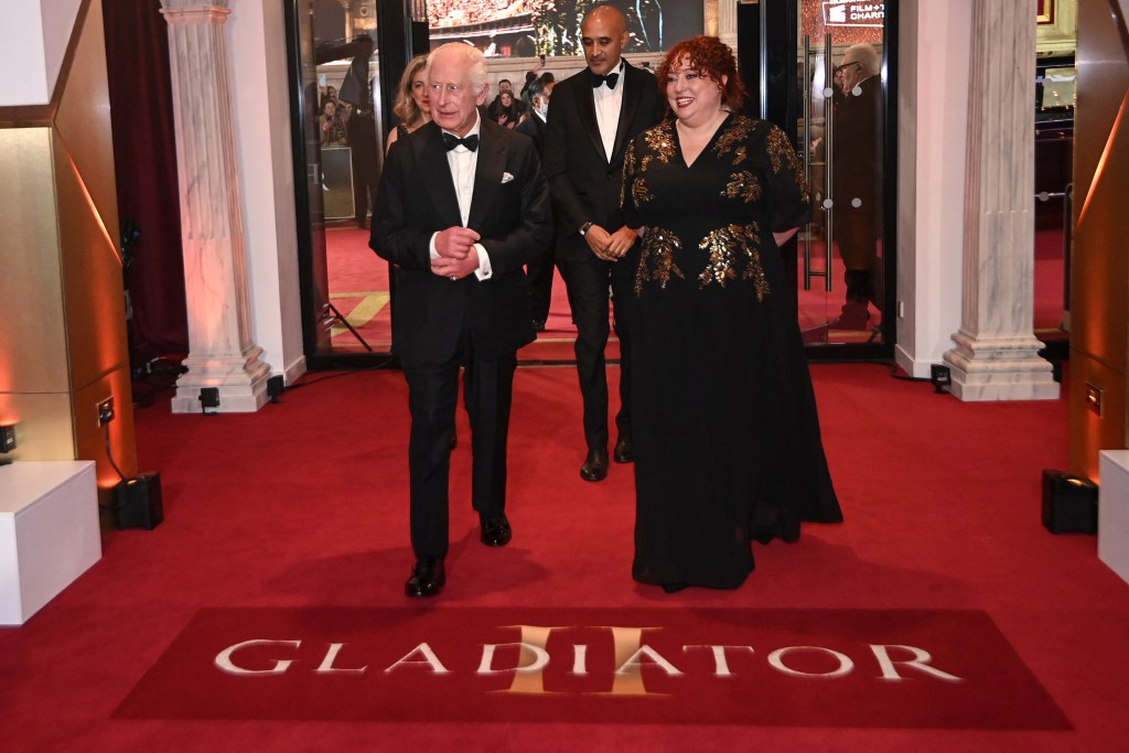 Britain's King Charles III arrives to attend the Royal film performance and World premiere of the film "Gladiator II" at the Odeon Lux, in Leicester Square, central London, on November 13, 2024. 