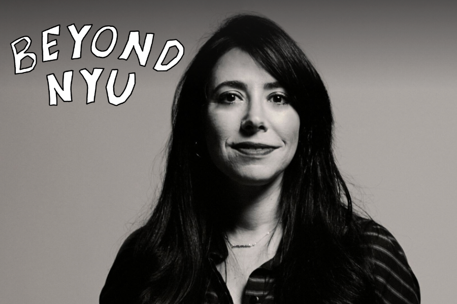 A black and white image of a woman with the words “BEYOND N.Y.U.” illustrated next to her.