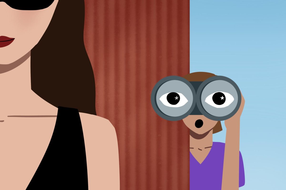 An illustration of a person with binoculars staring in awe at a woman wearing dark sunglasses and red lipstick.