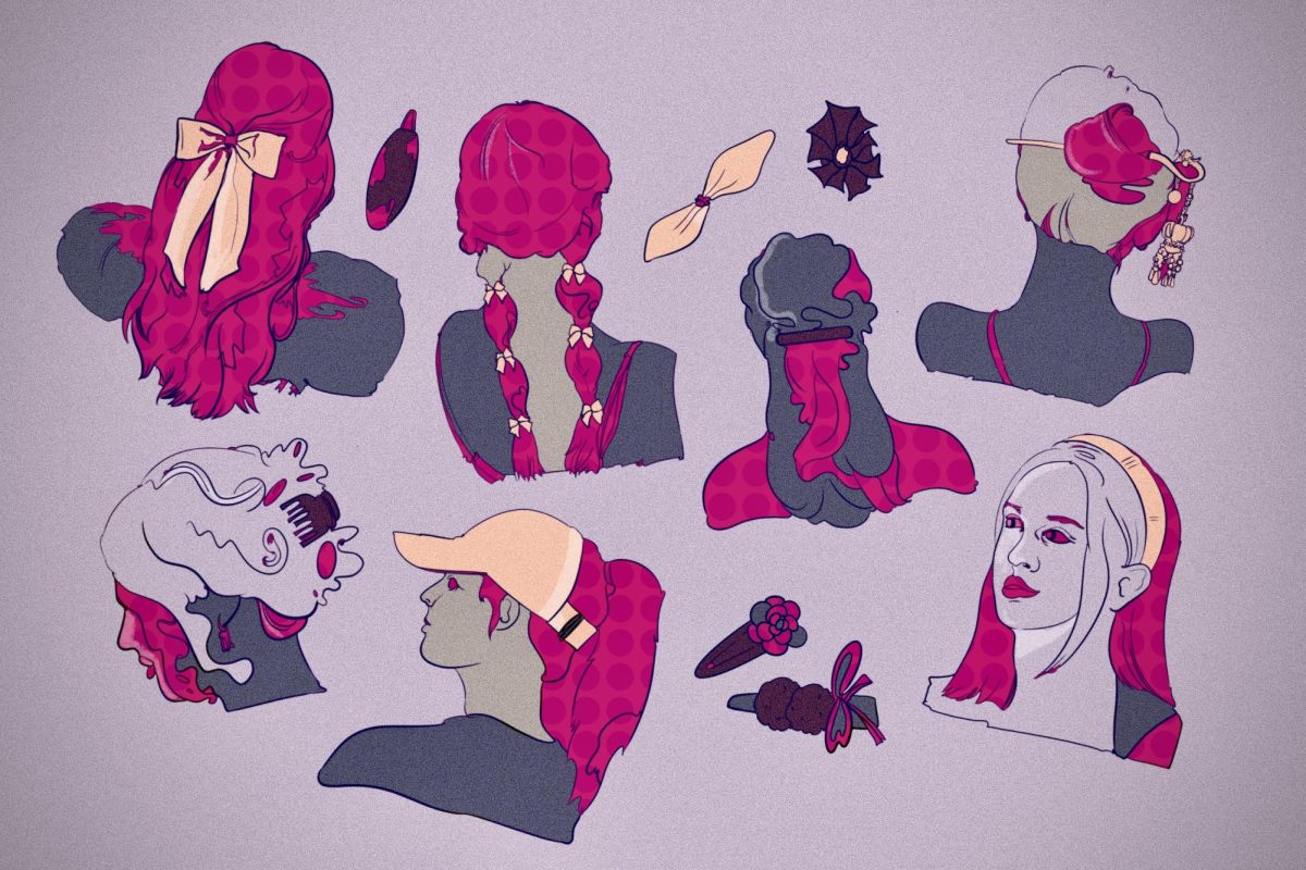 Illustrations of the back of people’s heads with various hairstyles and accessories in pink, blue and peach colors. Scattered around them are small hair pins and clips.