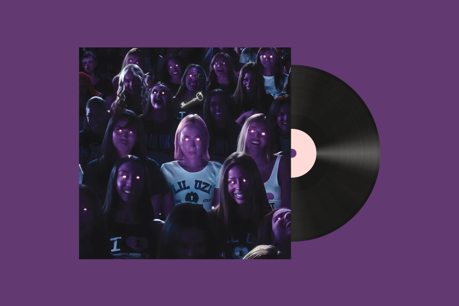 An album cover of faces of girls with purple skin, white glowing eyes and various expressions with a vinyl peeking out. The girl in the center has blonde hair and a shirt with “LIL UZI” written on it as a key floats above her head.