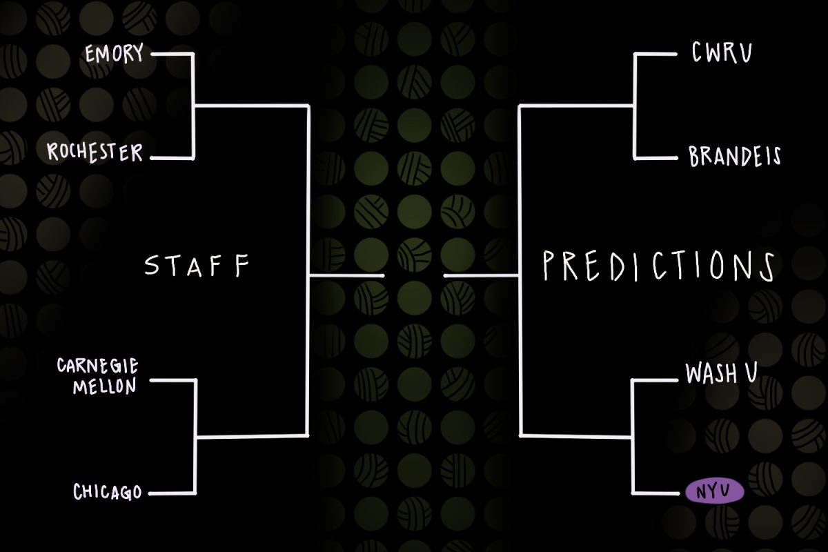 An illustration of a bracket with school names on it, and “STAFF”and “PREDICTIONS” written on either side of the bracket . Behind the bracket are small yellow volleyballs and dots.