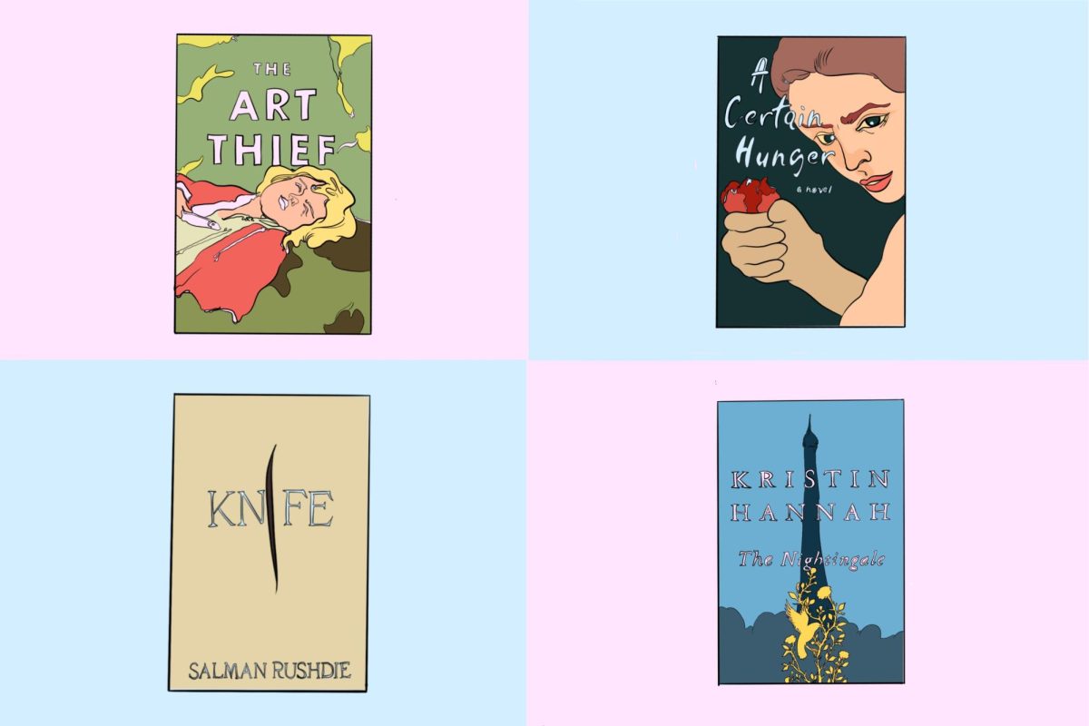 An illustration of four book covers. “The Art Thief,” “A Certain Hunger,” “Knife,” and “The Nightingale” are depicted.