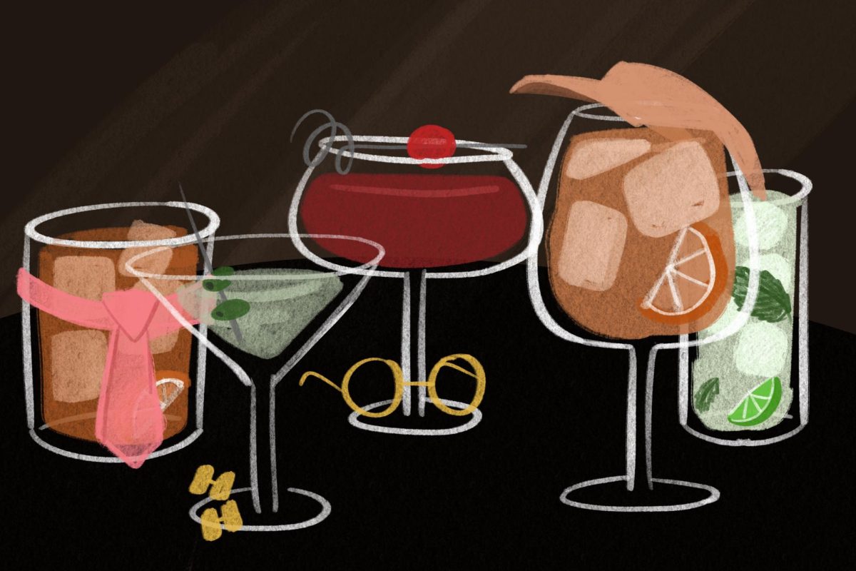 An illustration of five cocktails with different accessories adorning some of the glasses.