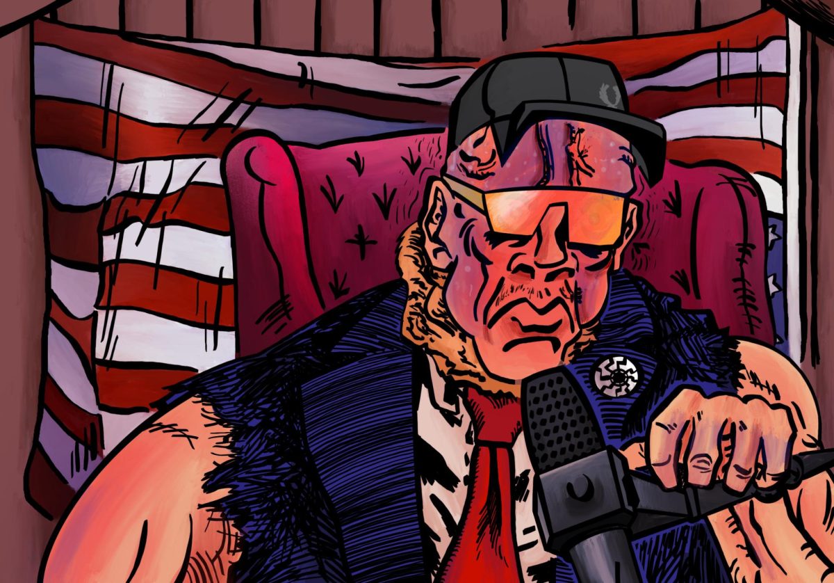 A caricature illustration of a large man wearing a white nationalist pin while sitting behind a microphone and in front of an upside down American flag.