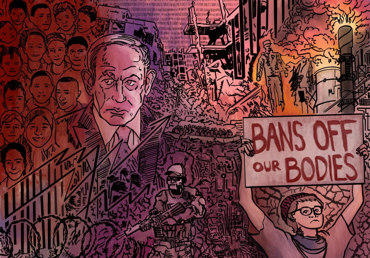 An illustration of a collage of different scenes, such as a war zone, the face of prime minister of Israel Benjamin Netanyahu and a person holding a sign that says "BANS OFF OUR BODIES."