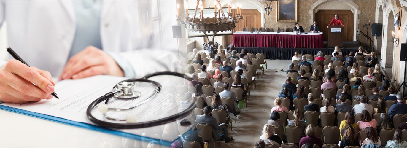 Doctor writing on a form with a stethoscope in the foreground, and a separate image of an audience attending a conference in a large hall.