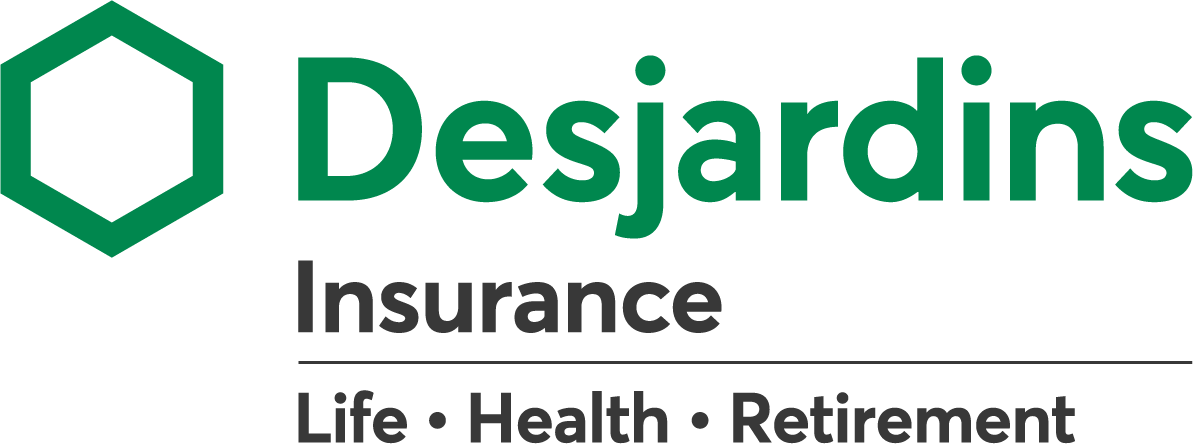 Logo of desjardins insurance featuring a green hexagonal icon next to the text 'desjardins insurance' and the motto 'life · health · retirement' below in grey.