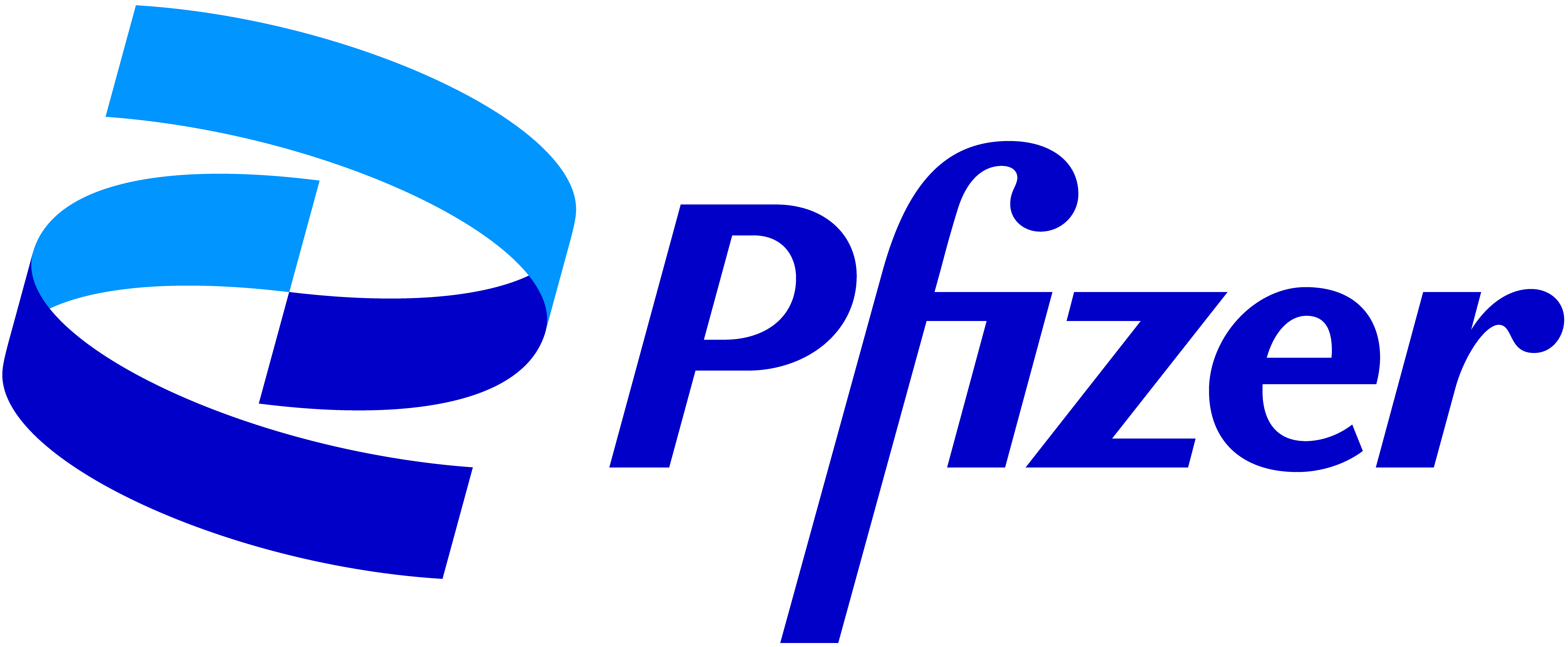 Pfizer logo featuring a blue double helix design above the brand name in capitalized blue letters on a black background.