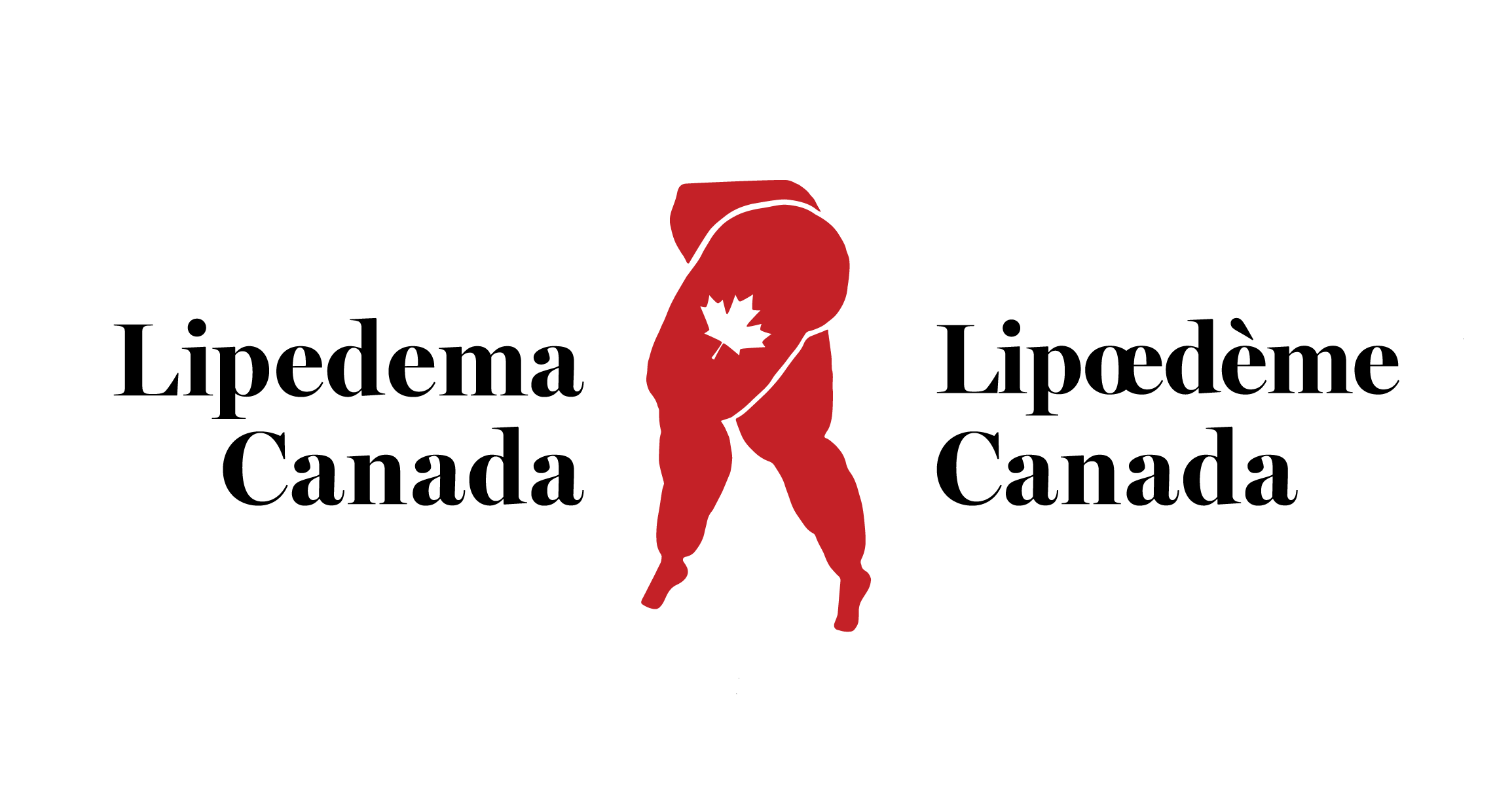 Logo for Lipedema Canada with the organization's name in English and French, featuring red legs with a white maple leaf in the background.