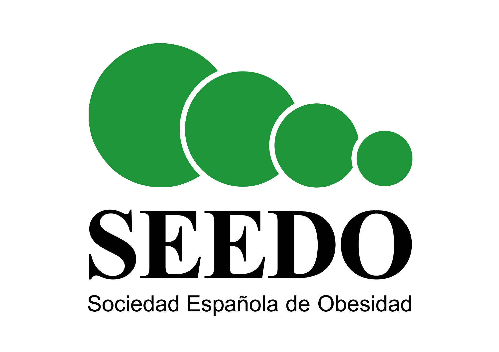 Logo of SEEDO featuring a series of green circles decreasing in size from left to right, symbolizing weight loss, with text "SEEDO Sociedad Española de Obesidad" below.