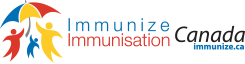 Logo of Immunize Canada featuring a red, yellow, and blue umbrella held by three stylized figures of different colors. The text reads "Immunize Immunisation Canada.