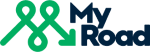 A logo featuring the text "MyRoad" in blue, with intertwined green lines resembling a road map to the left.