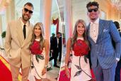 A split photo of Travis Kelce and Ava Hunt and Ava Hunt posing with Patrick Mahomes