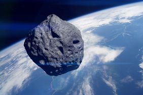 Planet Earth and big asteroid in the space