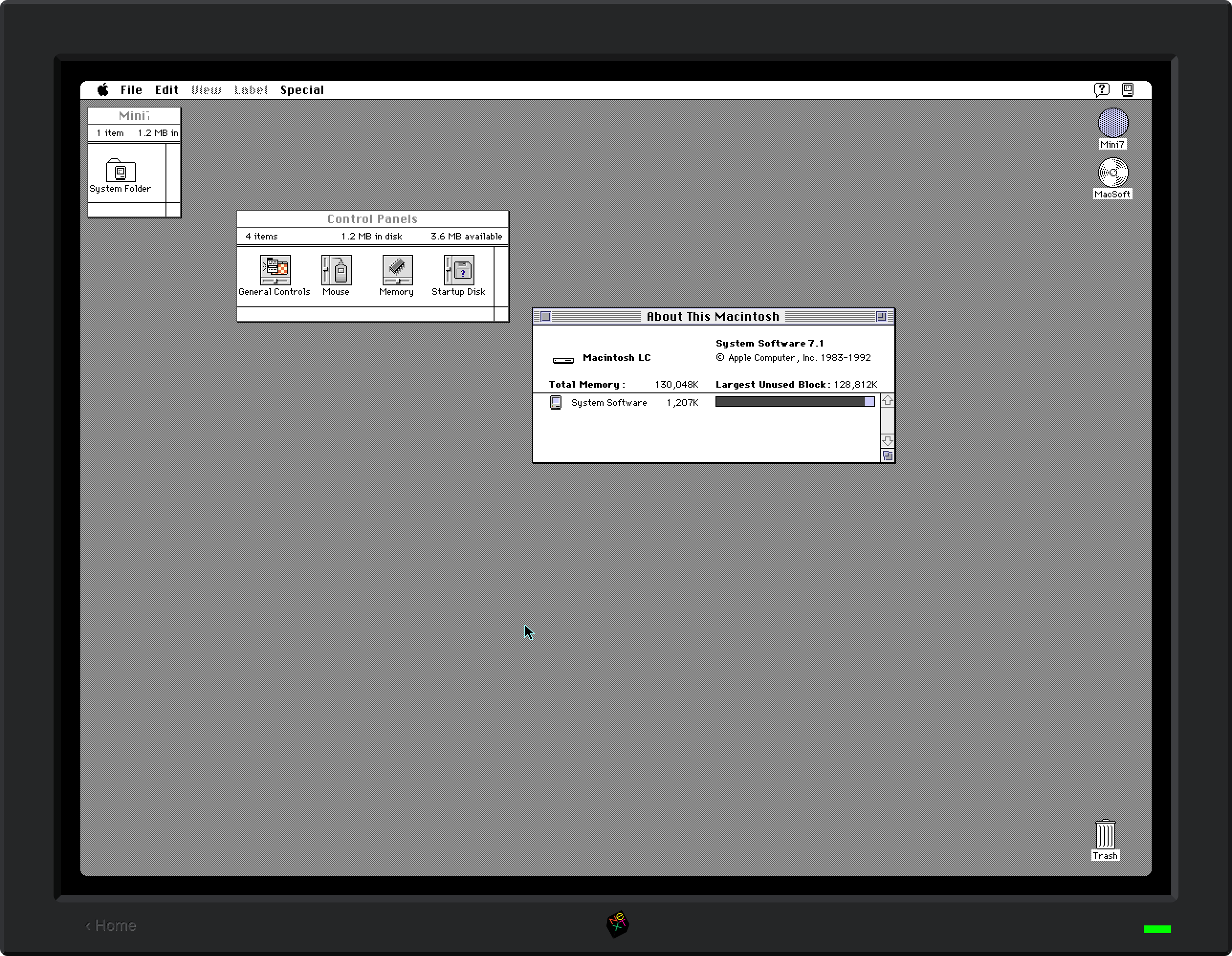 Darkmatter running System 7.1 emulated on NeXT hardware emulated in Previous in a browser