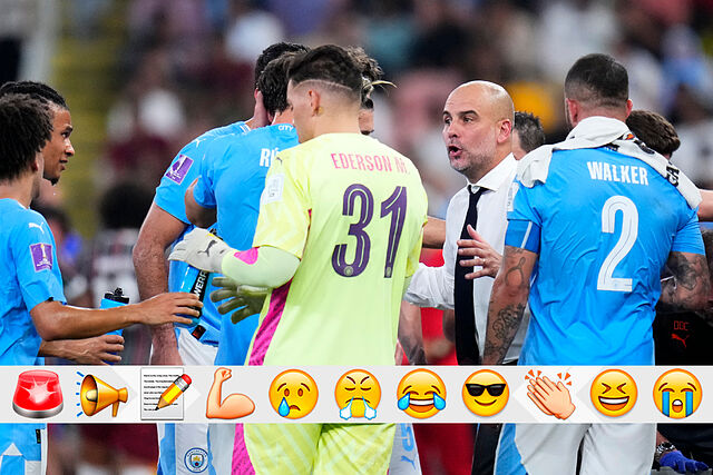 Pep Guardiola dando instrucciones a sus jugadores.