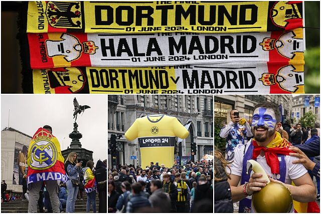 Un montaje con im�genes de aficionados de Real Madrid y Borussia Dortmund en Londres.