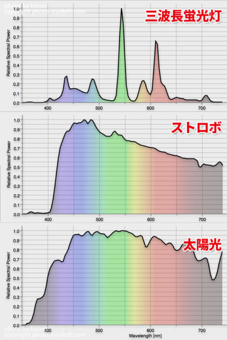 光源別スペクトル 蛍光灯 ストロボ 太陽光