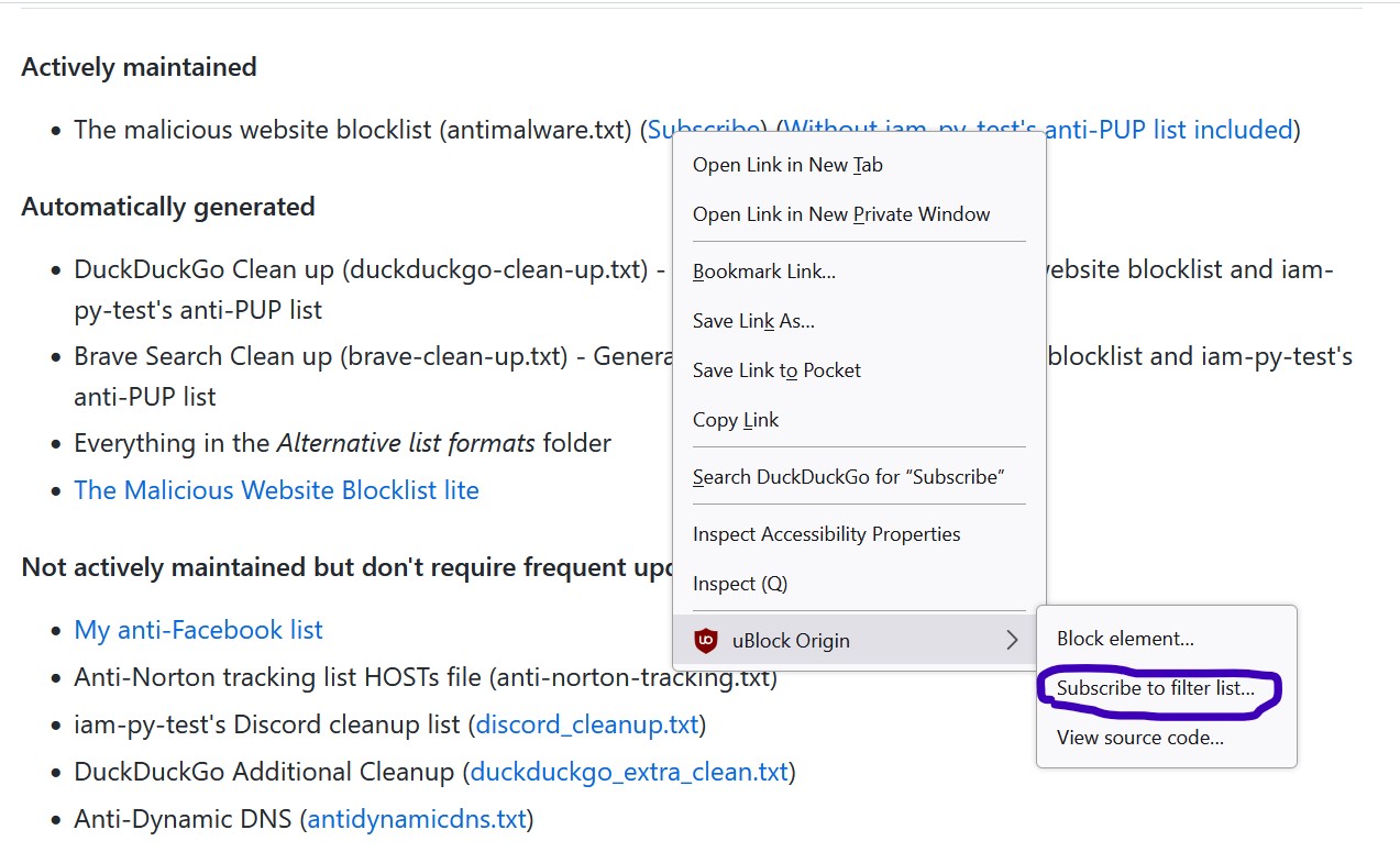 The Firefox context menu when clicking on a filterlist subscribe link, showing the uBlock Origin options