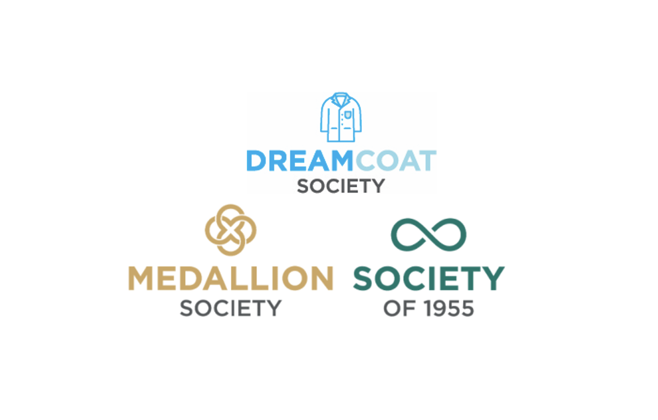 Three graphic logos together of the Dreamcoat Society, Medallion Society and Society of 1955.